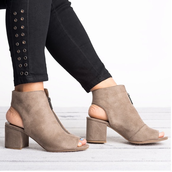 Taupe Peep Toe Open Back Zippered Top Bootie - Picture 3 of 8